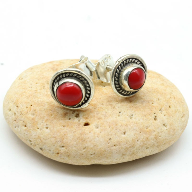 Puce d'oreille agate rouge en argent - Mosaik bijoux indiens Puce d'oreille agate rouge en argent - Mosaik bijoux indiens