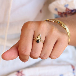Bague laiton pierre noire -...
