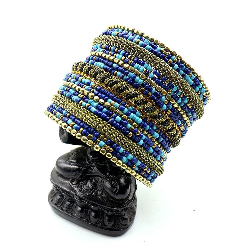 bracelet large perles bleues et dorées - Mosaik bijoux indiens bracelet large perles bleues et dorées - Mosaik bijoux indiens