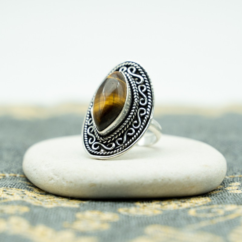 Bague oeil de tigre ethnique - Mosaik bijoux indiens
