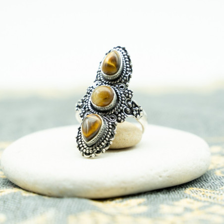 Bague ethnique 3 pierres marrons - Mosaik bijoux indiens