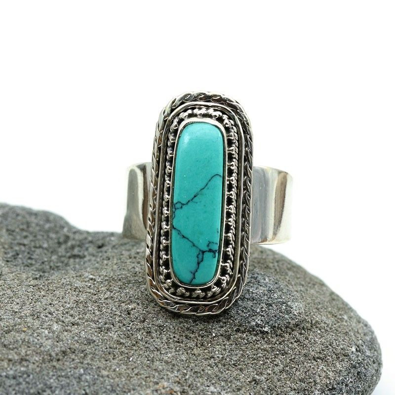 Bague pierre turquoise en argent - Mosaik bijoux indiens