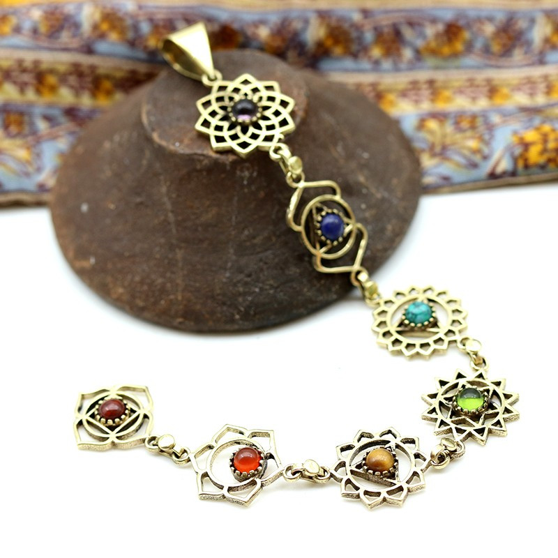 Pendentif 7 chakras en laiton - Mosaik bijoux indiens Pendentif 7 chakras en laiton - Mosaik bijoux indiens