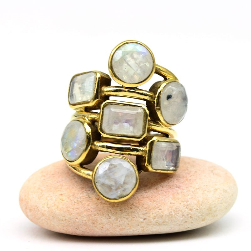 Bague épaisse laiton et pierres de lune - Mosaik bijoux indiens Bague épaisse laiton et pierres de lune - Mosaik bijoux indiens