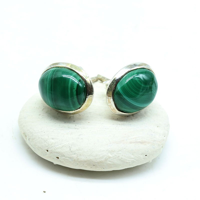 Puces d'oreille argent et malachite ovale - Mosaik bijoux indiens Puces d'oreille argent et malachite ovale - Mosaik bijoux indiens