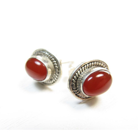 Clous d'oreilles argent et cornaline ovales - Mosaik bijoux indiens