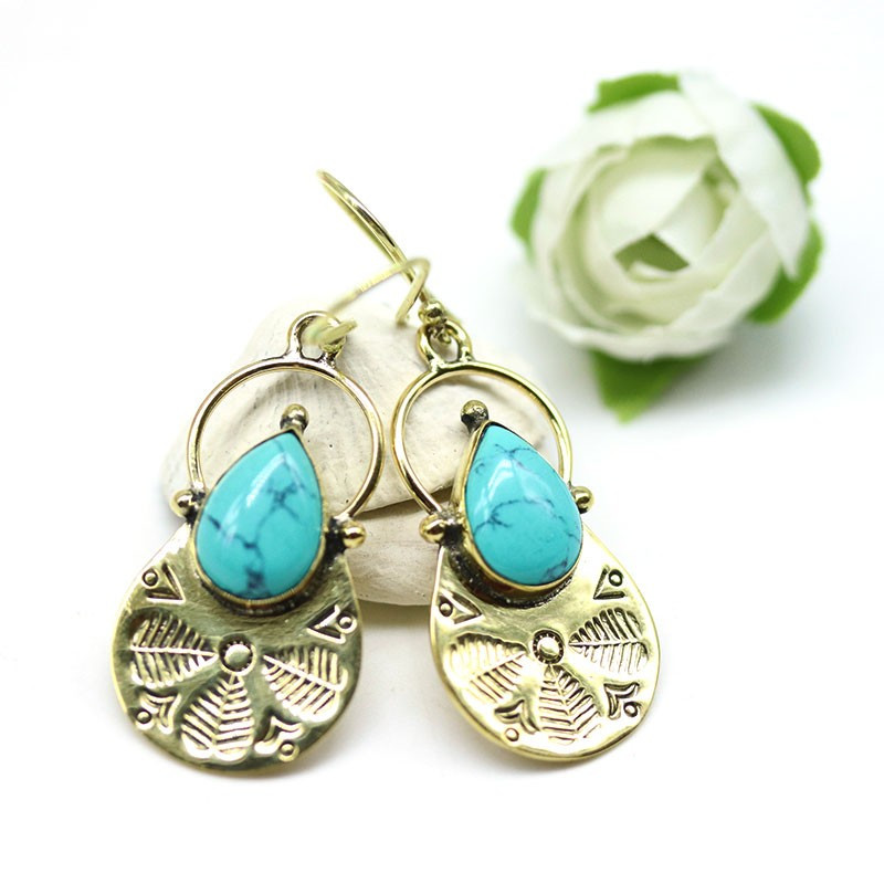 Grosses boucles d'oreille laiton et turquoise - Mosaik bijoux indiens Grosses boucles d'oreille laiton et turquoise - Mosaik bijoux indiens