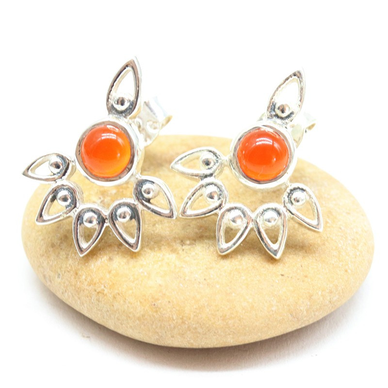 Gros clous d'oreille lotus et cornaline - Mosaik bijoux indiens Gros clous d'oreille lotus et cornaline - Mosaik bijoux indiens