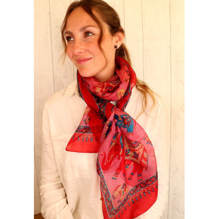 Foulard soie rouge et rose motifs éléphants