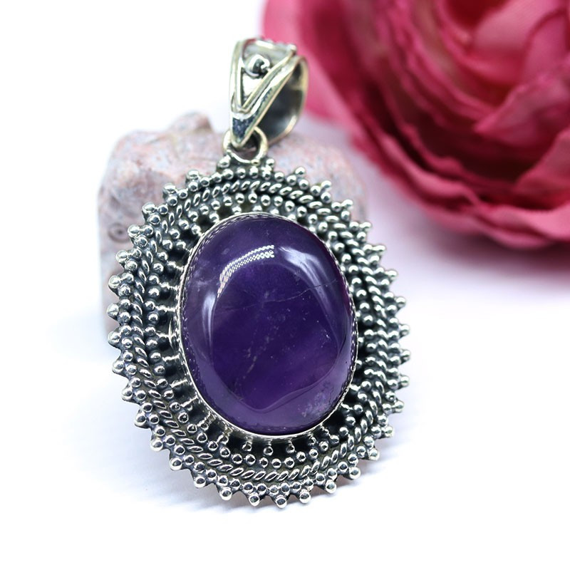 Pendentif argent ethnique pierre améthyste ovale