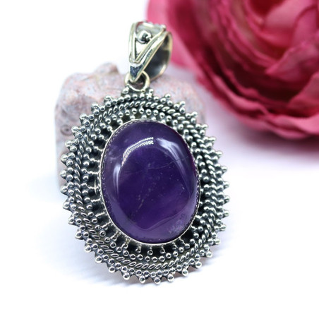 Pendentif argent ethnique pierre améthyste ovale