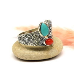Bague argent ethnique pierre turquoise et corail