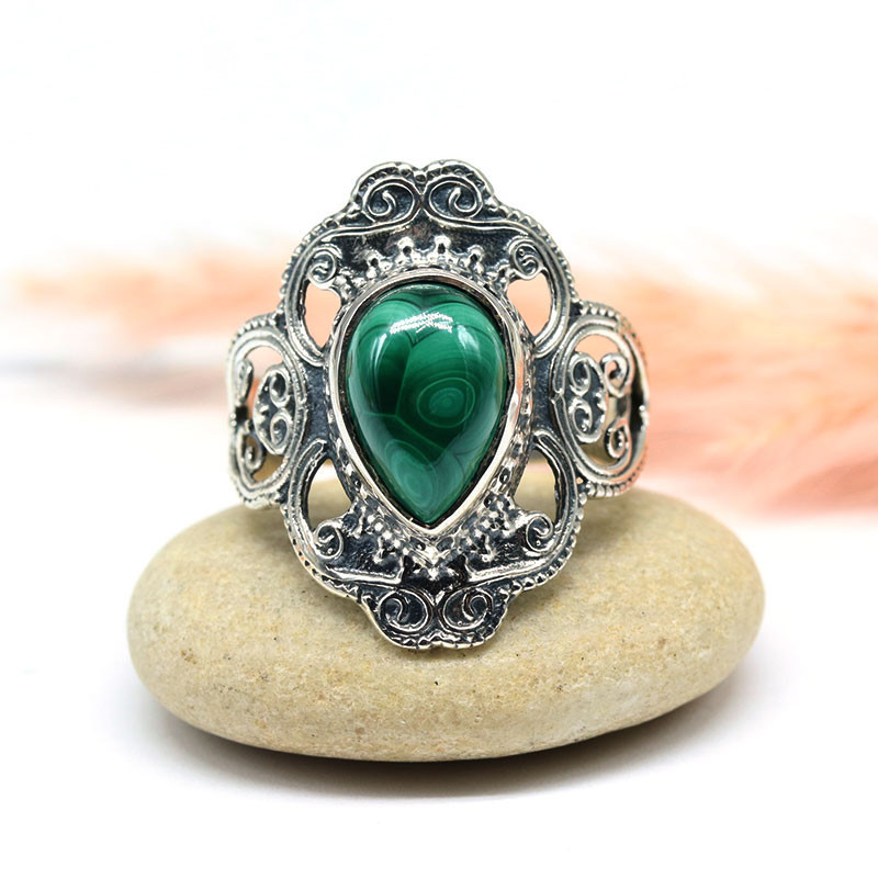 Bague ajourée en argent pierre malachite