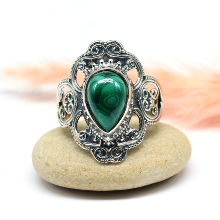 Bague ajourée en argent pierre malachite