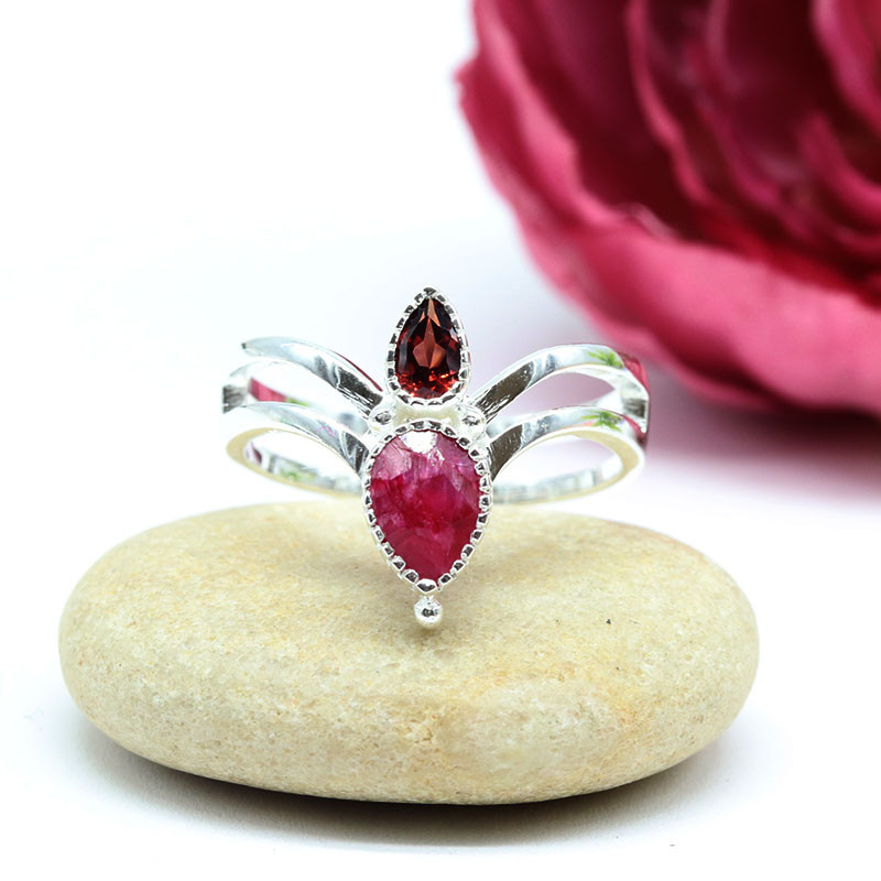 Bague argent diadème pierre rubis et grenat - h64