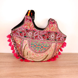 Sac indien brodé pompons roses