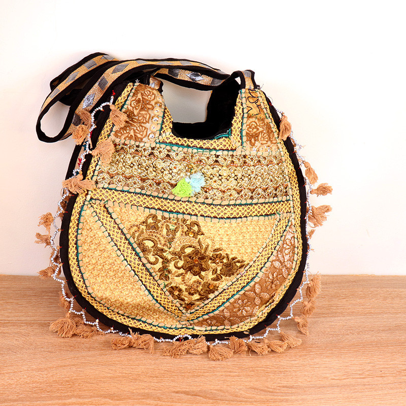 Sac indien bohème brodé bleu et orange avec pompons - e38 Sac indien bohème brodé bleu et orange avec pompons - e38